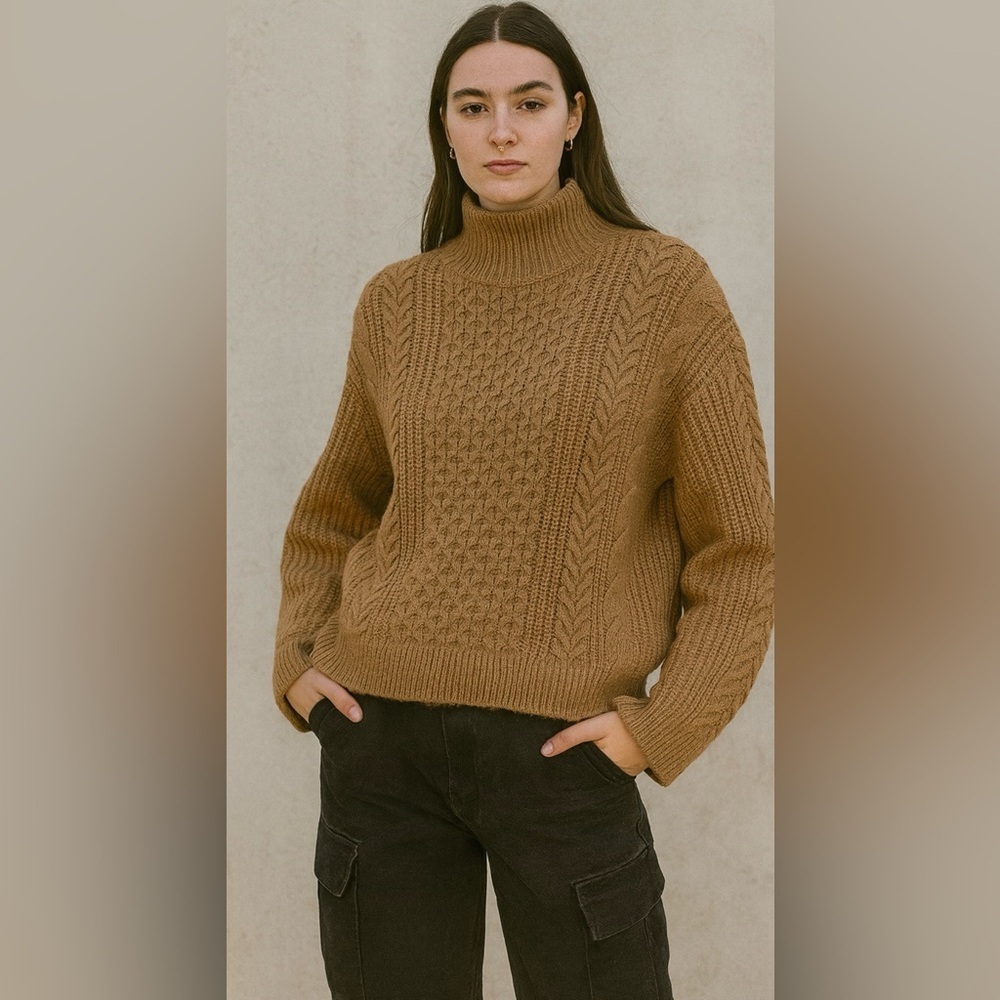Banana Republic Fisherman Turtleneck Sweater Gold Chunky Cable Knit Old Money XS
